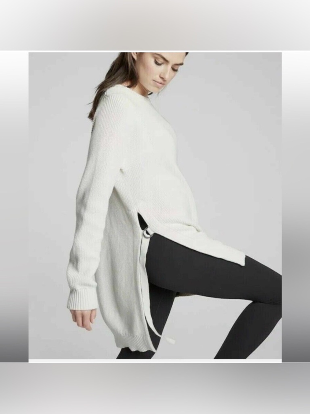 ATHLETA West End Tunic Sweater Cream Beige Cotton Knit Slit Sides Size Medium